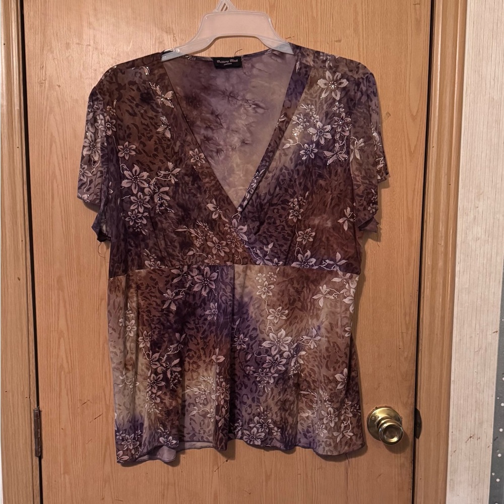 Brittany Black Sheer Floral V-Neck Blouse - Purple and Brown